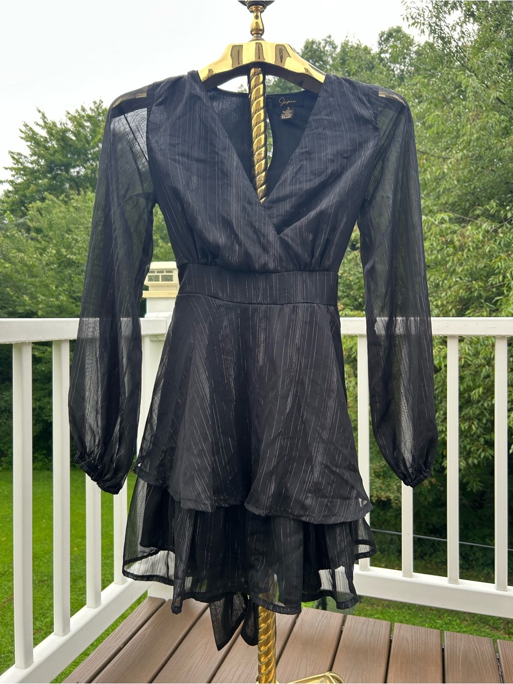 Japna Black Sheer Long-Sleeve Tiered Wrap Dress with metallic stripes